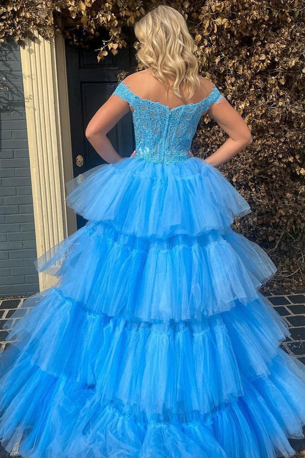 Luolandi Blue High Low Homecoming Prom Dress with Lace Off Shoulder Sexy Evening Dress
