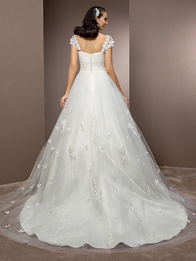 Luolandi Ball Gown Wedding Dresses Square Neck Court Train Tulle Short Sleeve with Ruched Flower
