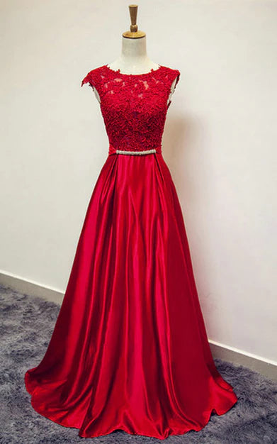 Luolandi Beautiful Red Satin and Lace Round Neckline Evening Gown A-line Formal Gown Prom Dress