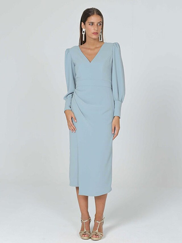 Luolandi Mother of the Bride Dress Elegant V Neck Tea Length Fabric Long Sleeve