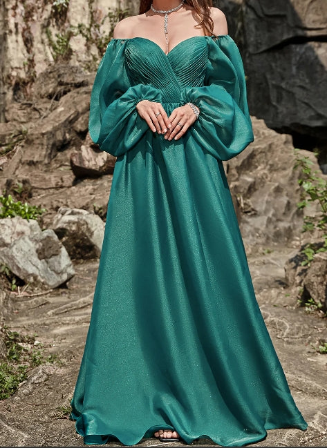 Luolandi A Line Long Sleeves Prom Dress With Ruffles Floor Length Evening Dress