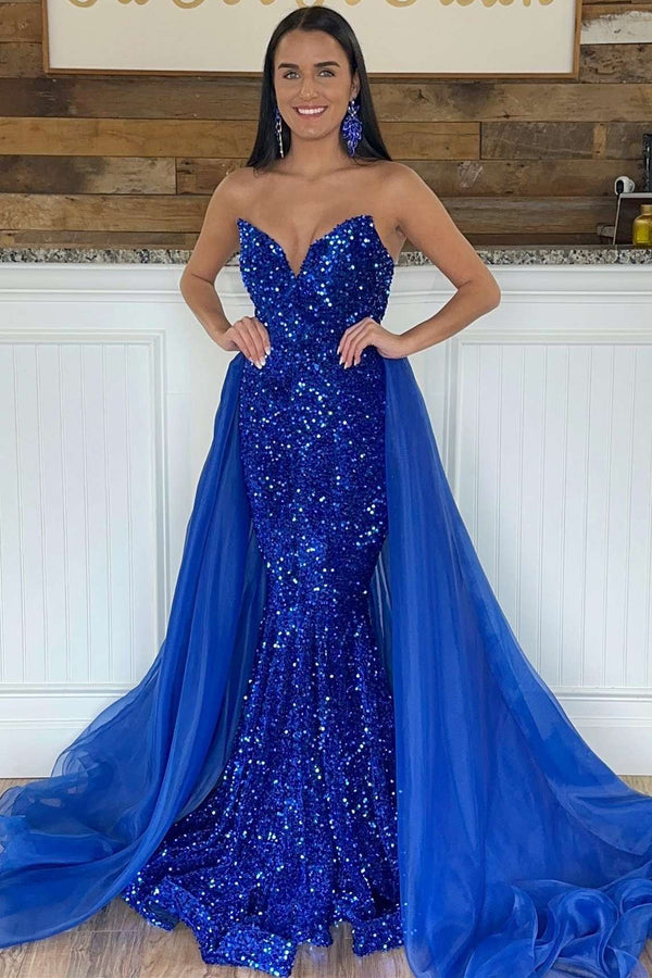 Luolandi Blue Sequin Strapless Mermaid Long Pageant Dress Detachable Sparkly Prom Dress Evening Dress