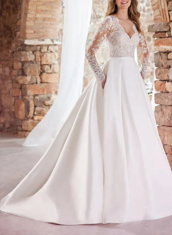 Luolandi Elegant Wedding Dresses With Lace Satin A Line Long Sleeves Floor Length Beautiful Bridal Gown