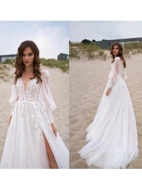 Luolandi A-Line/Princess Lace Applique V-neck Long Sleeves Sweep/Brush Train Wedding Dresses With Slit
