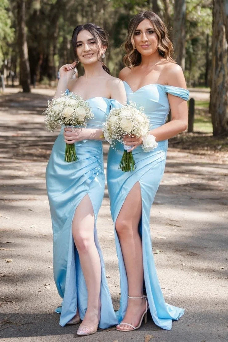 Luolandi Blue Off-the-Shoulder Pleated Long Bridesmaid Dress with Slit Charming Evening Party Dress