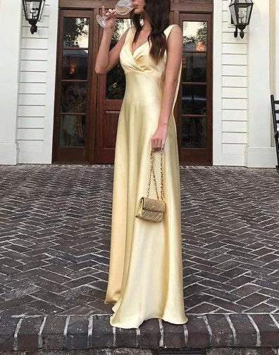 Luolandi Elegant Yellow V Neck Prom Dress Long Evening Dress Charming Party Dress