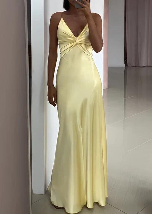 Luolandi Yellow V Neck Straps Long Prom Dress Wedding Guest Dress Charming Evening Party Dress