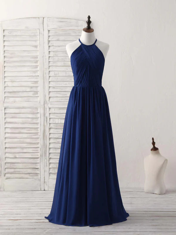 Luolandi Simple A-Line Burgundy Chiffon Long Prom Dress Halterneck Evening Dress Dark Blue Elegant