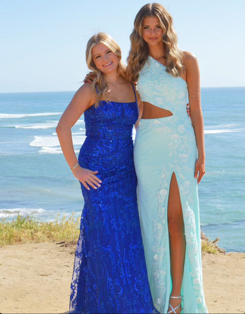 Luolandi Sheath One Shoulder Sequins Prom Dress with 3D Appliques Evening Dress With Slit