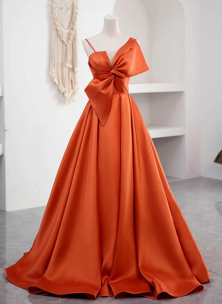 Luolandi Elegant A Line Spaghetti Straps Orange Satin Long Formal Prom Dress Evening Dress With Bow