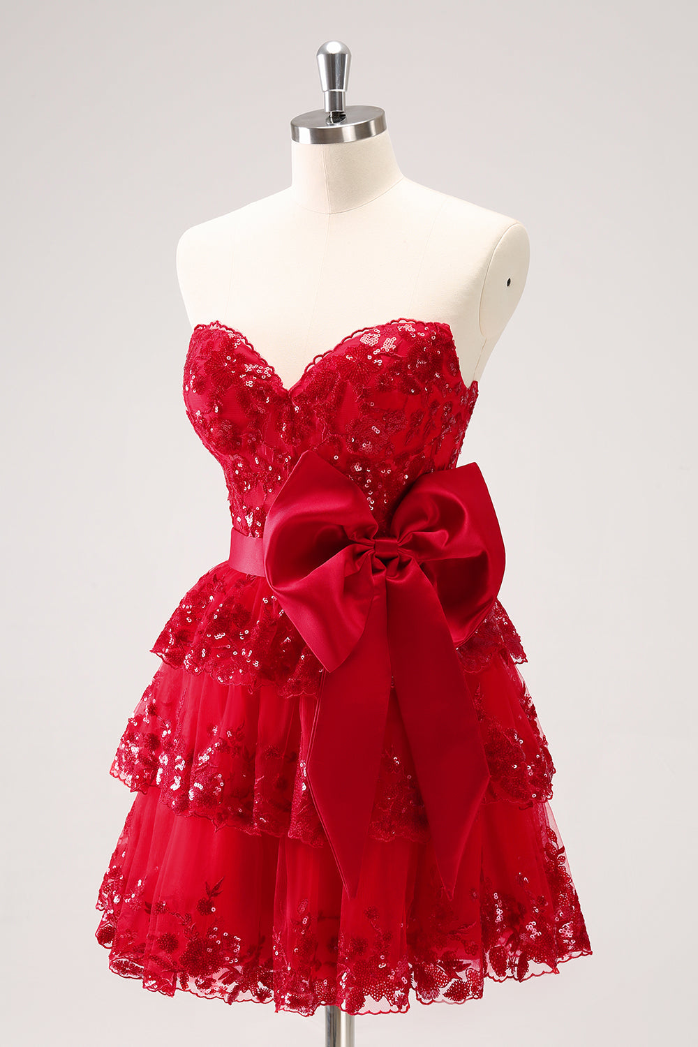 Luolandi Sparkly Red A Line Sweetheart Corset Tiered Ruffle Homecoming Dress with Bows Off Shoulder