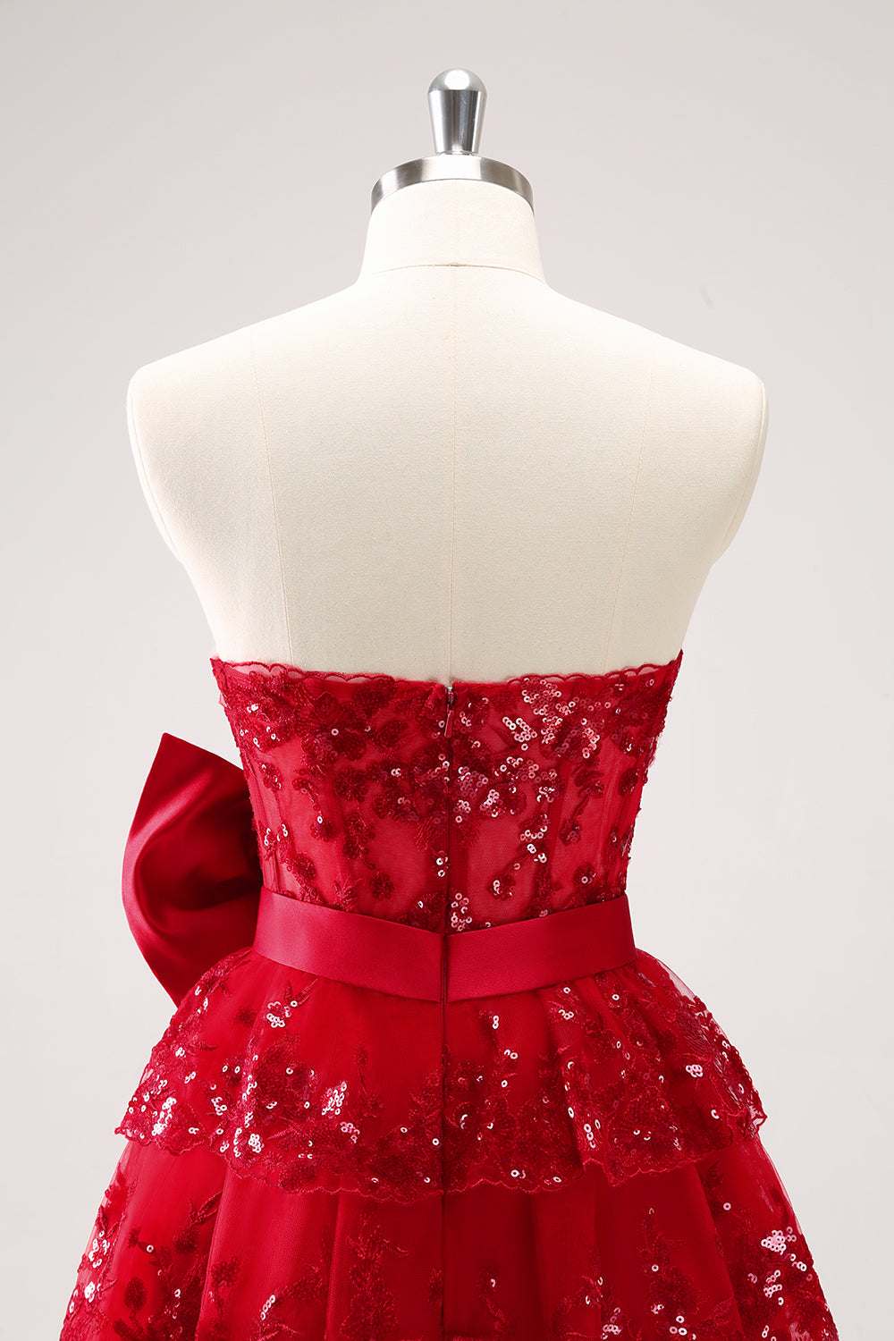 Luolandi Sparkly Red A Line Sweetheart Corset Tiered Ruffle Homecoming Dress with Bows Off Shoulder