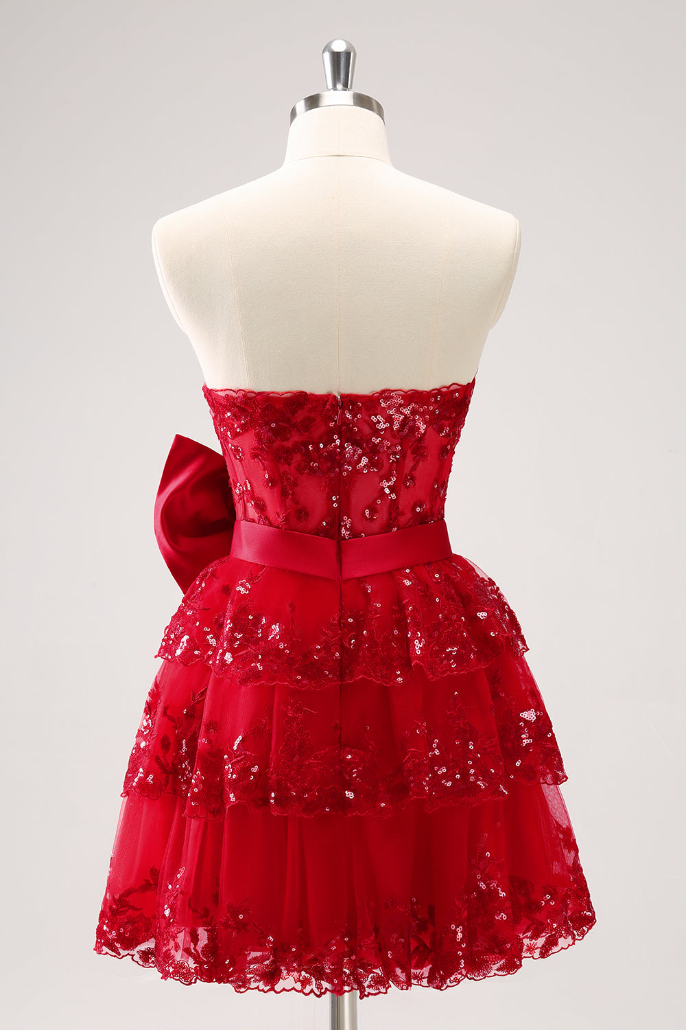 Luolandi Sparkly Red A Line Sweetheart Corset Tiered Ruffle Homecoming Dress with Bows Off Shoulder