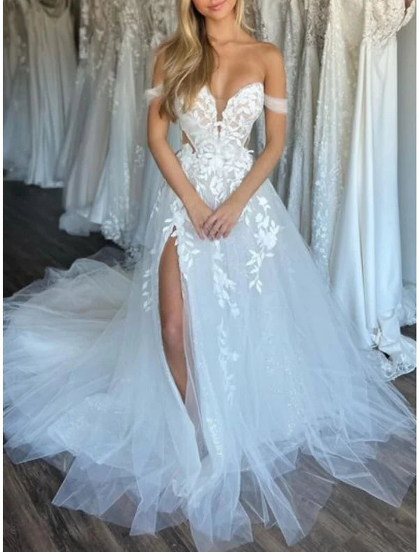 Luolandi Beach Formal Wedding Dresses A-Line Off Shoulder Sleeveless Court Train Lace Bridal Gowns With Pleats Split Front Sexy