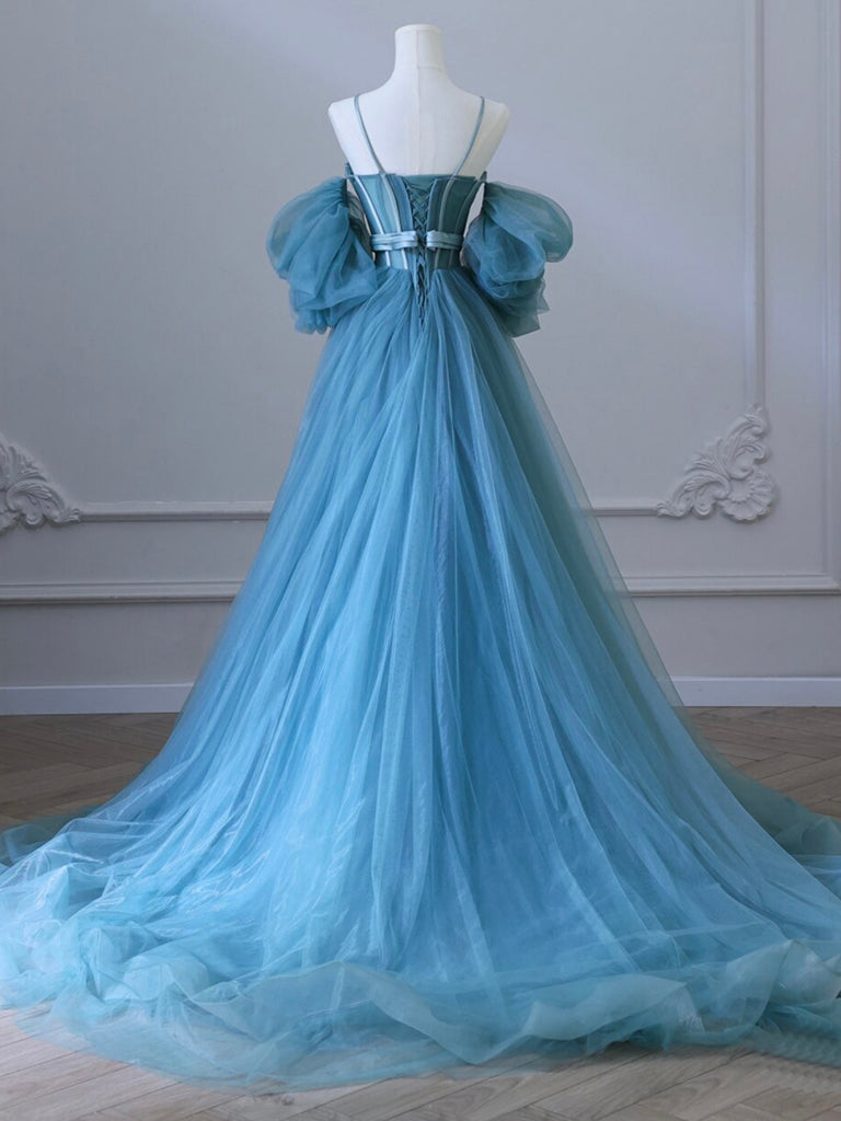 Luolandi A-Line Sweetheart Neck Tulle Blue Long Prom Dress Formal Dress Elegant december wedding guest dress