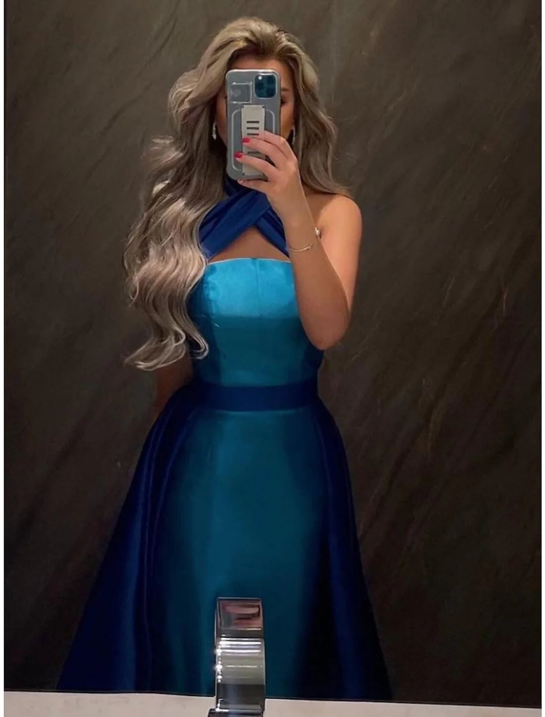 Luolandi A-Line Evening Gown Elegant Dress Formal Court Train Sleeveless Halter Neck Satin with Pleats Floor Length