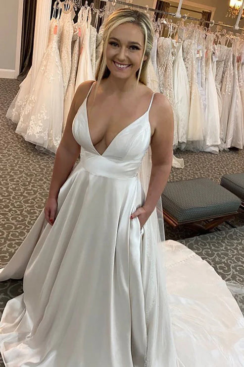 Luolandi A-Line Spaghetti Straps Long Wedding Dress with Beading V-neck Sexy