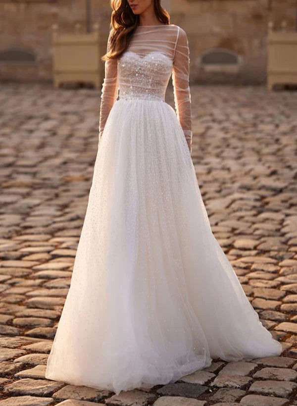 Luolandi Illusion Neck A-Line Wedding Dress With Long Sleeves And Sweep Train In Tulle/Sequined Sparkly