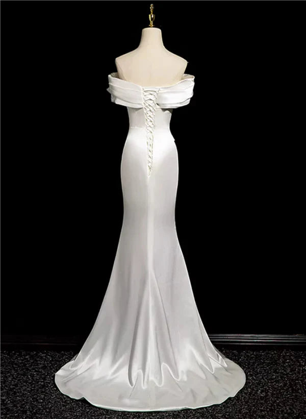 Luolandi Mermaid Satin Off Shoulder Ruched Long Party Dress Wedding Party Dress Evening Dress