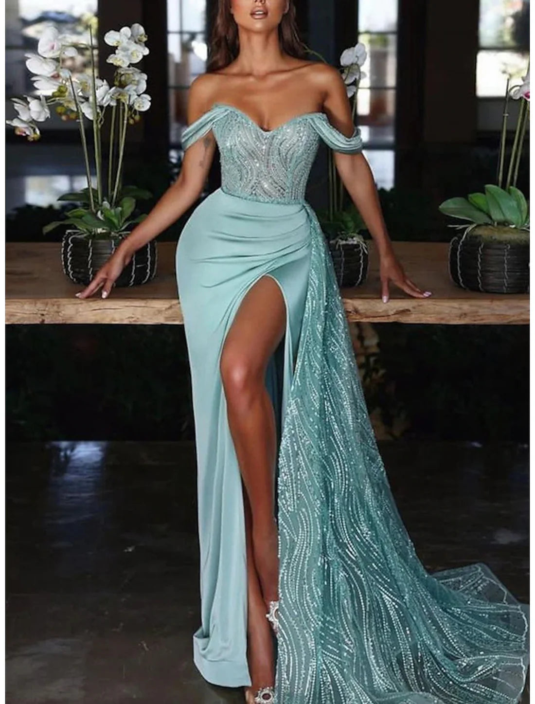 Luolandi Mermaid Dress Evening Gown Red Green Dress Dress Formal Wedding Guest Court Train Sleeveless Off Shoulder Charmeuse with Ruched Sequin Slit