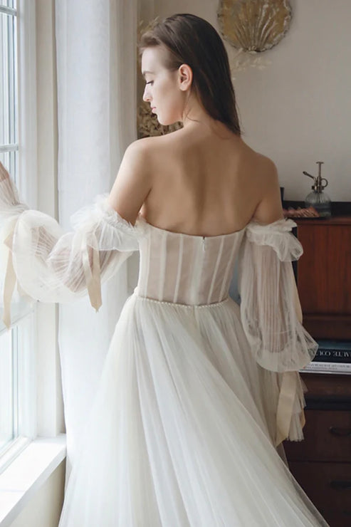 Luolandi Chiffon Long Sleeve Prom Dress Off the Shoulder Evening Party Dress Wedding Dress