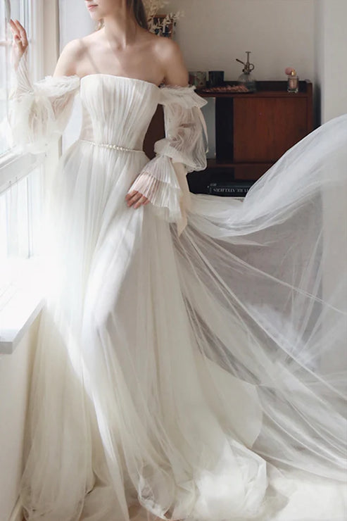 Luolandi Chiffon Long Sleeve Prom Dress Off the Shoulder Evening Party Dress Wedding Dress