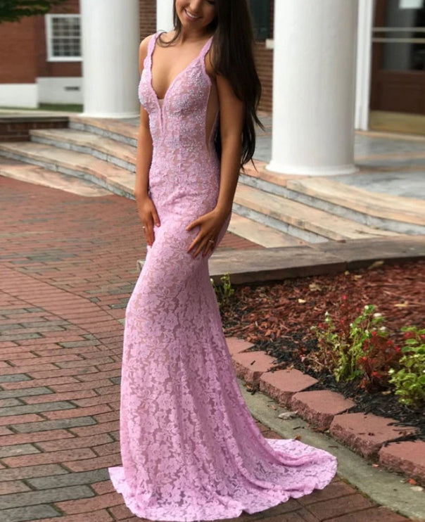 Luolandi Modest Lace Prom Dresses Mermaid/Trumpet Backless Formal Gowns Elegant Evening Dress
