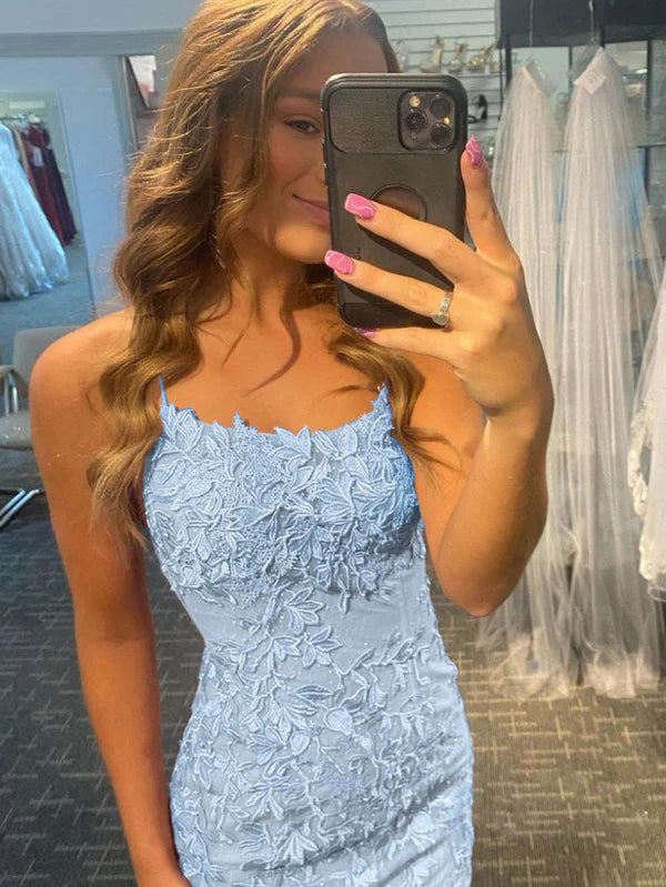 Luolandi Sheath Spaghetti Straps Lace Homecoming Dress with Appliques Short Beautiful Prom Dress