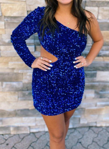 Luolandi Purple Sequin One-Sleeve Cutout Short Homecoming Dress Sparkly Party Dress