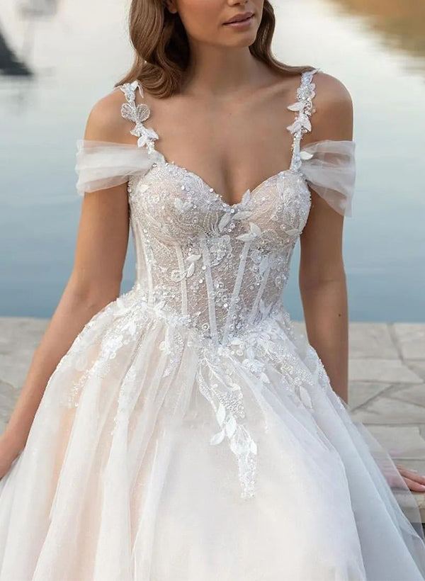 Luolandi A-Line Off-The-Shoulder Tulle Wedding Dresses With Appliques Lace Beautiful
