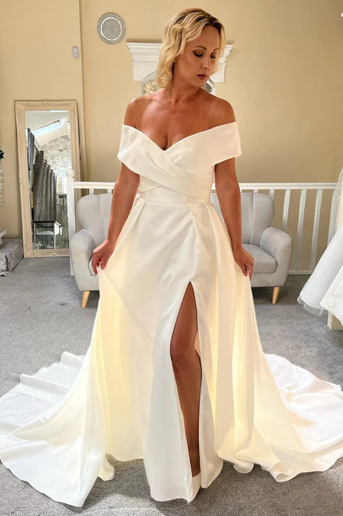 Luolandi Satin Off-the-Shoulder Long Wedding Dress with Slit Sexy