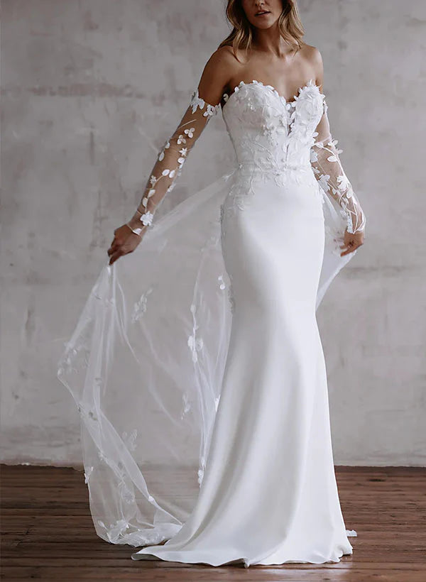 Luolandi Sweetheart Long Sleeve Lace/ Satin Wedding Dress With Sheath Silhouette And Sweep Train Off Shoulder