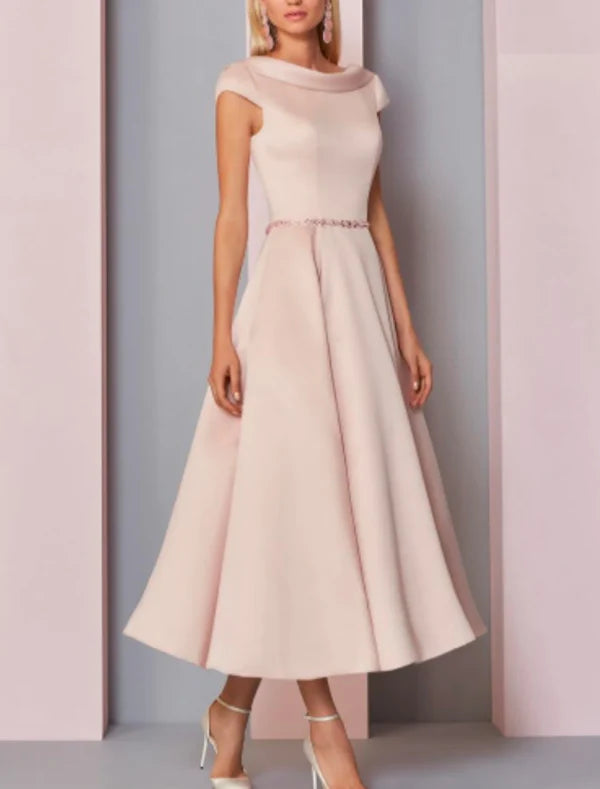 Luolandi A-Line Mother of the Bride Dress Wedding Guest Plus Size Cowl Neck Ankle Length Satin Short Sleeve with Crystals Elegant