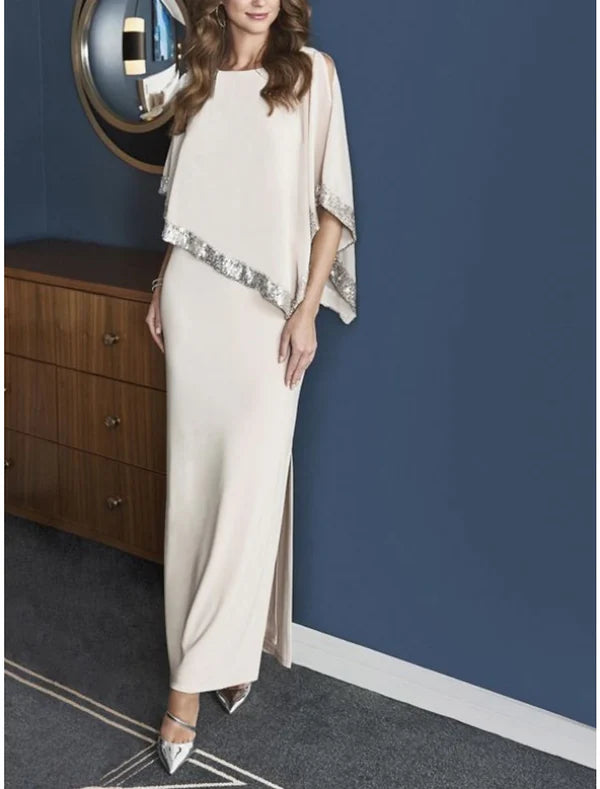 Luolandi Sheath Mother of the Bride Dress Cape Dress Wedding Guest Elegant Sparkle & Shine Jewel Neck Ankle Length Chiffon 3/4 Length Sleeve with Sequin Split