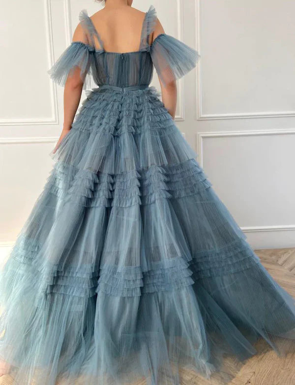 Luolandi Cute A-Line Blue Ruffled Gown Tulle Floor-length Prom Dress Solid Color