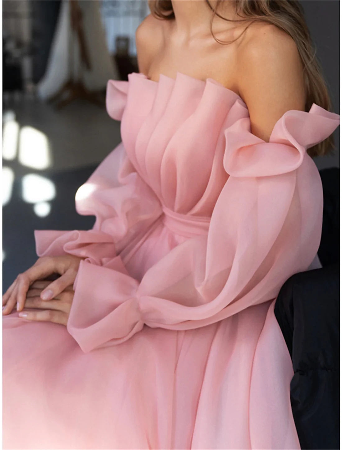 Luolandi Women's Prom Dress Party Dress Homecoming Dress Long Dress Maxi Dress Pink Long Sleeve Pure Color Ruched Fall Winter Autumn Strapless Fashion Wedding Guest Birthday Evening