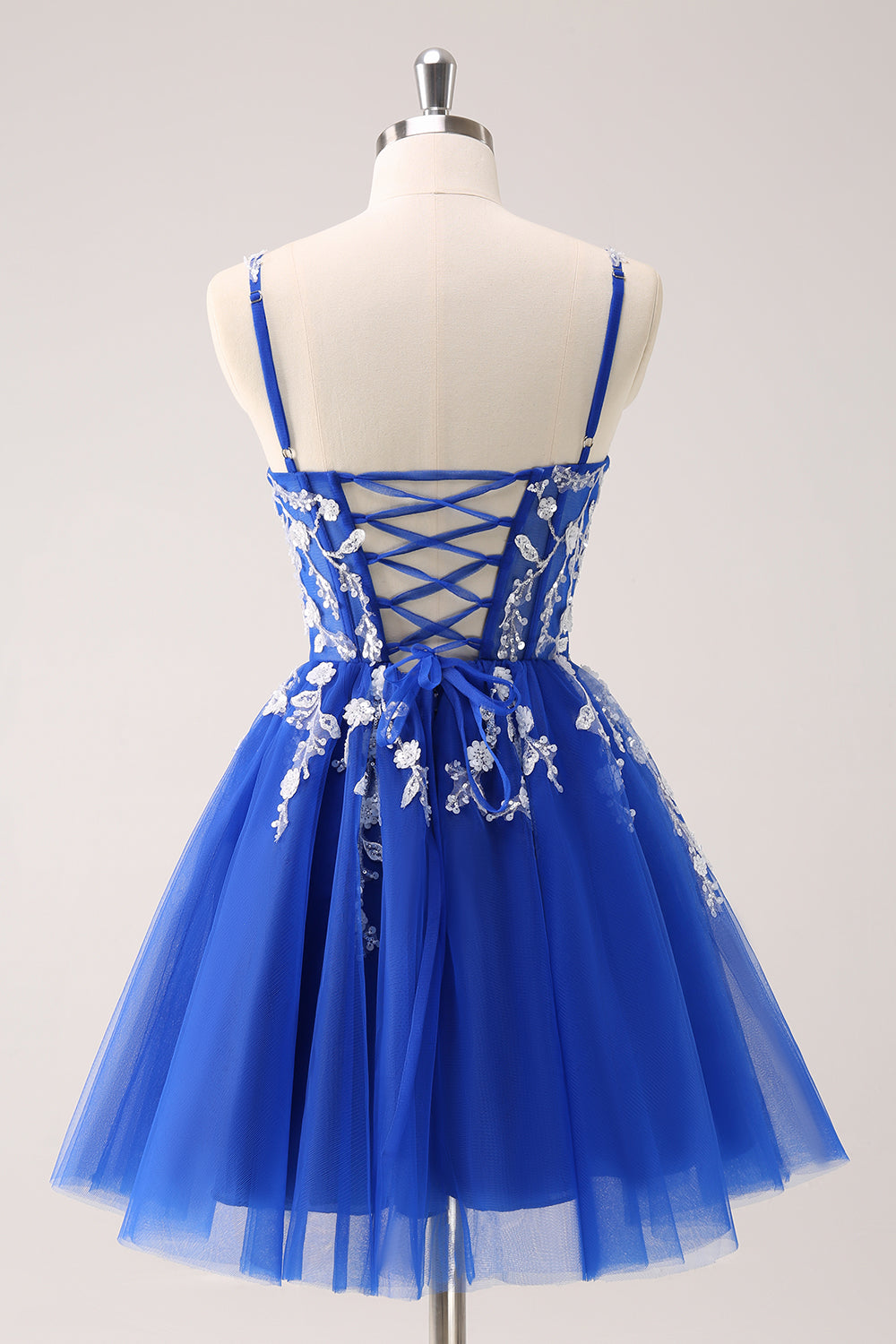 Luolandi Royal Blue A Line Spaghetti Straps Tulle Corset Sequins Homecoming Dress with Appliques Short