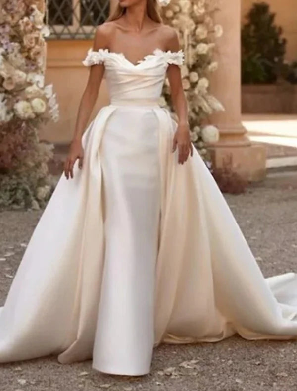 Luolandi Engagement Formal Wedding Dresses Sheath / Column Off Shoulder Cap Sleeve Court Train Satin Bridal Gowns With Ruched
