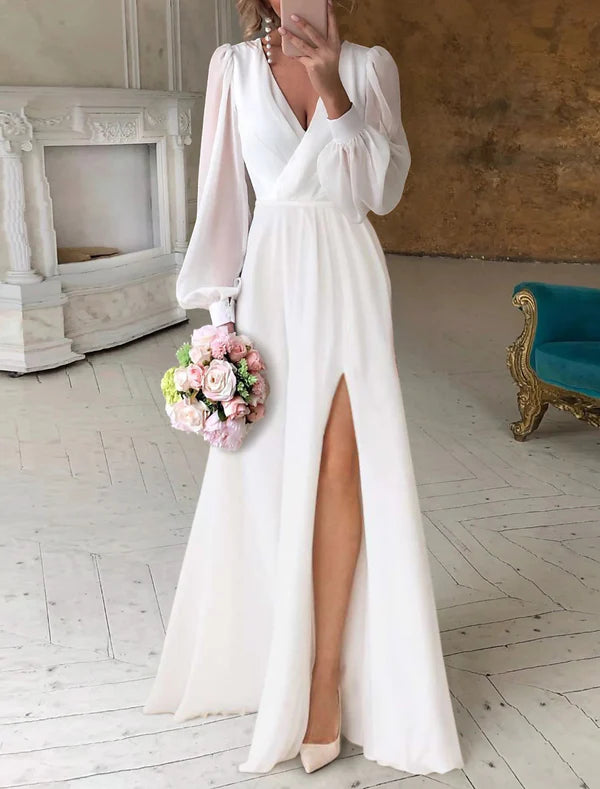 Luolandi Little Dresses Simple Wedding Dresses A-Line V Neck Long Sleeve Floor Length Chiffon Bridal Gowns