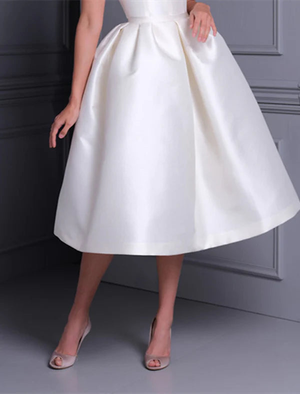 Luolandi Bridal Shower Little Dresses Simple Wedding Dresses A-Line Off Shoulder Cap Sleeve Tea Length Satin Bridal Gowns