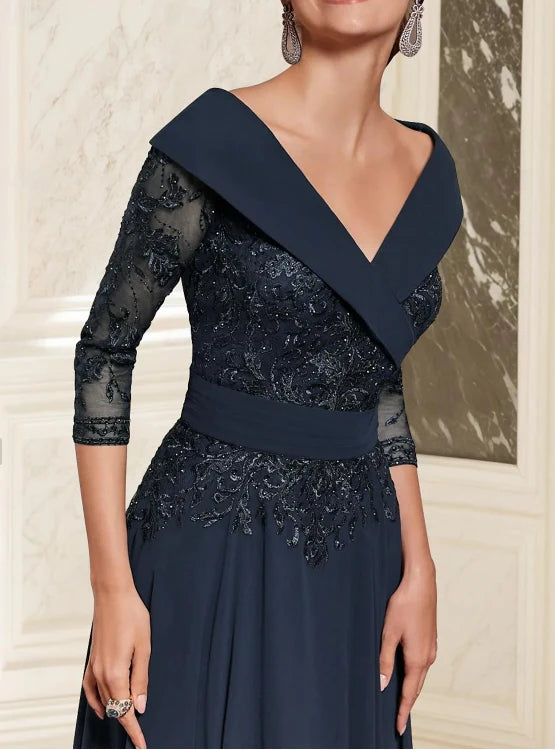 Luolandi A-Line Mother of the Bride Dress Wedding Guest Sweetheart Ankle Length Chiffon 3/4 Length Sleeve with Lace Elegant