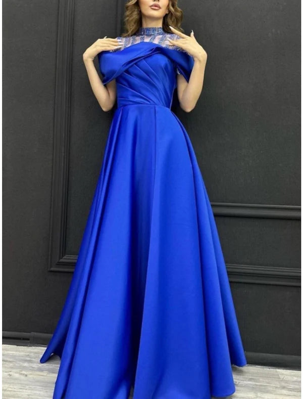 Luolandi A-Line Evening Gown Elegant Dress Formal Sweep / Brush Train Short Sleeve High Neck Satin with Pleats Crystals Sparkly