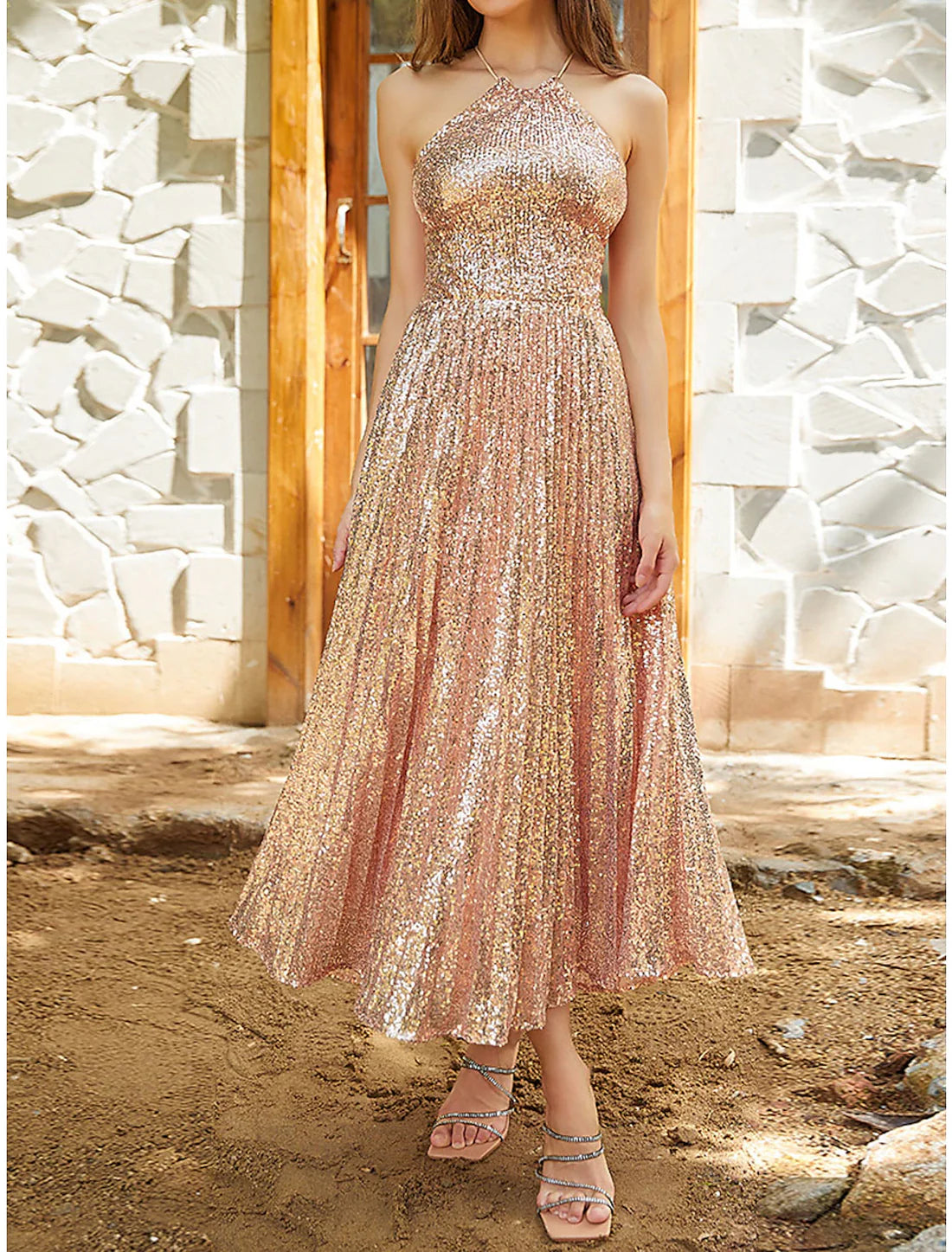 Luolandi Women's Sequin Dress Rose Gold Dress Party Dress Sparkly Dress Cocktail Dress Midi Dress Champagne Sleeveless Sparkly Glitter Spring Fall Winter Halter Neck Evening Dress