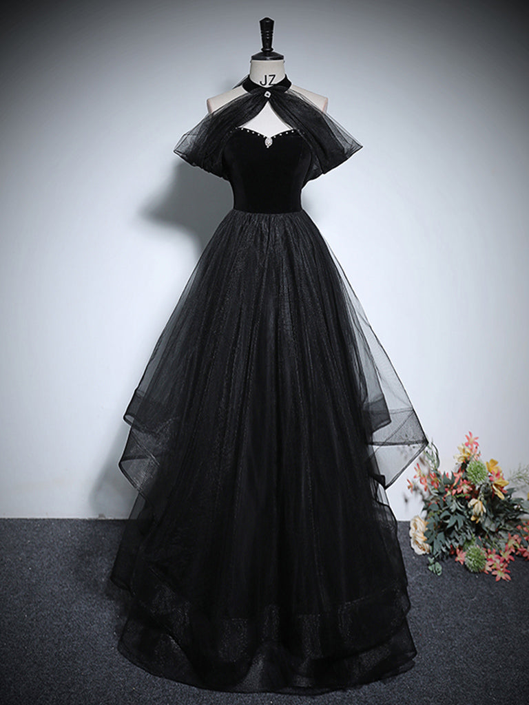 Luolandi Black A-Line Tulle Long Prom Dress Evening Dress Floor Length Elegant Formal Dress