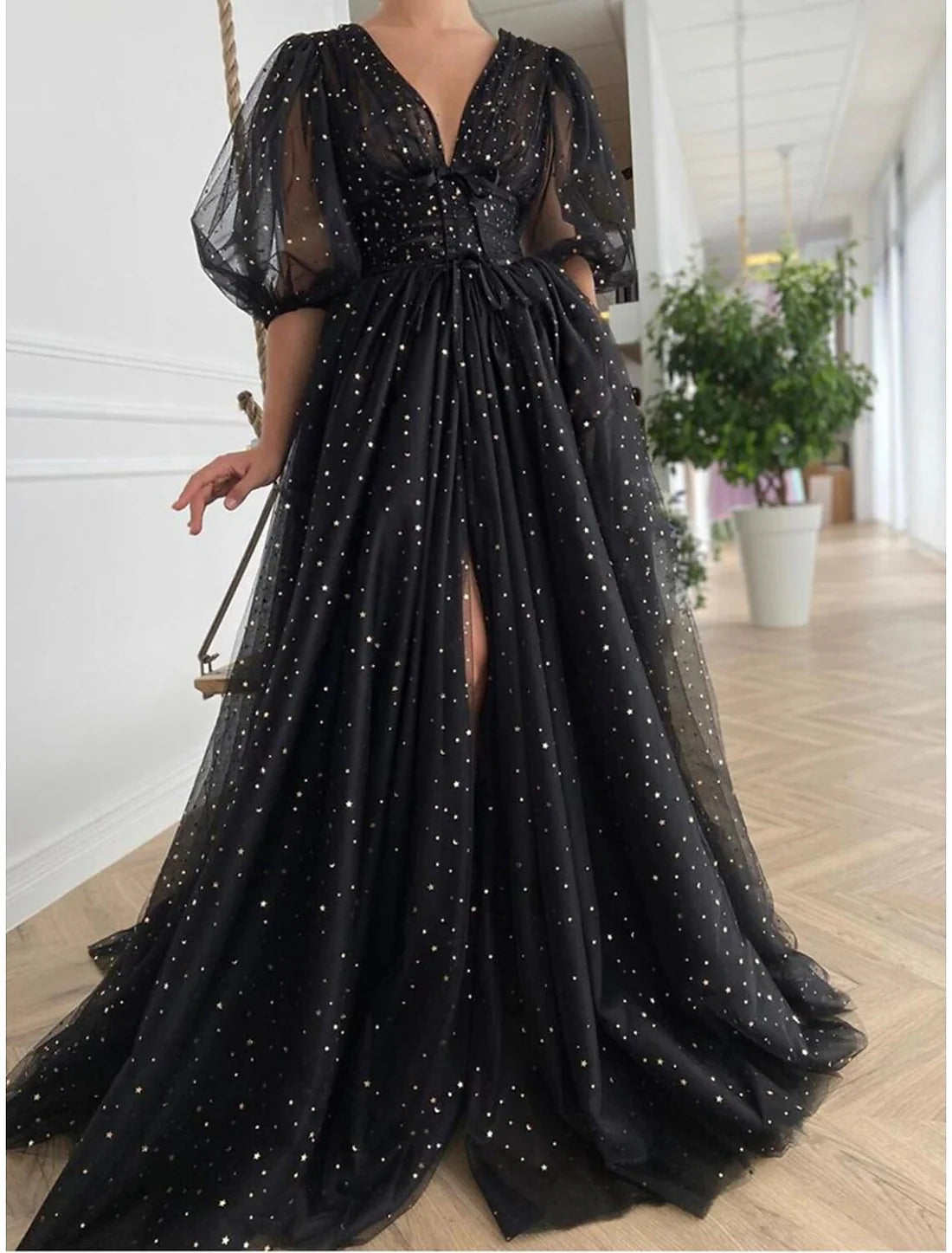 Luolandi A-Line Prom Dresses Glittering Dress Wedding Guest Prom Court Train Half Sleeve V Neck Wednesday Addams Family Tulle V Back with Bow(s) Sequin Slit Evening Dress