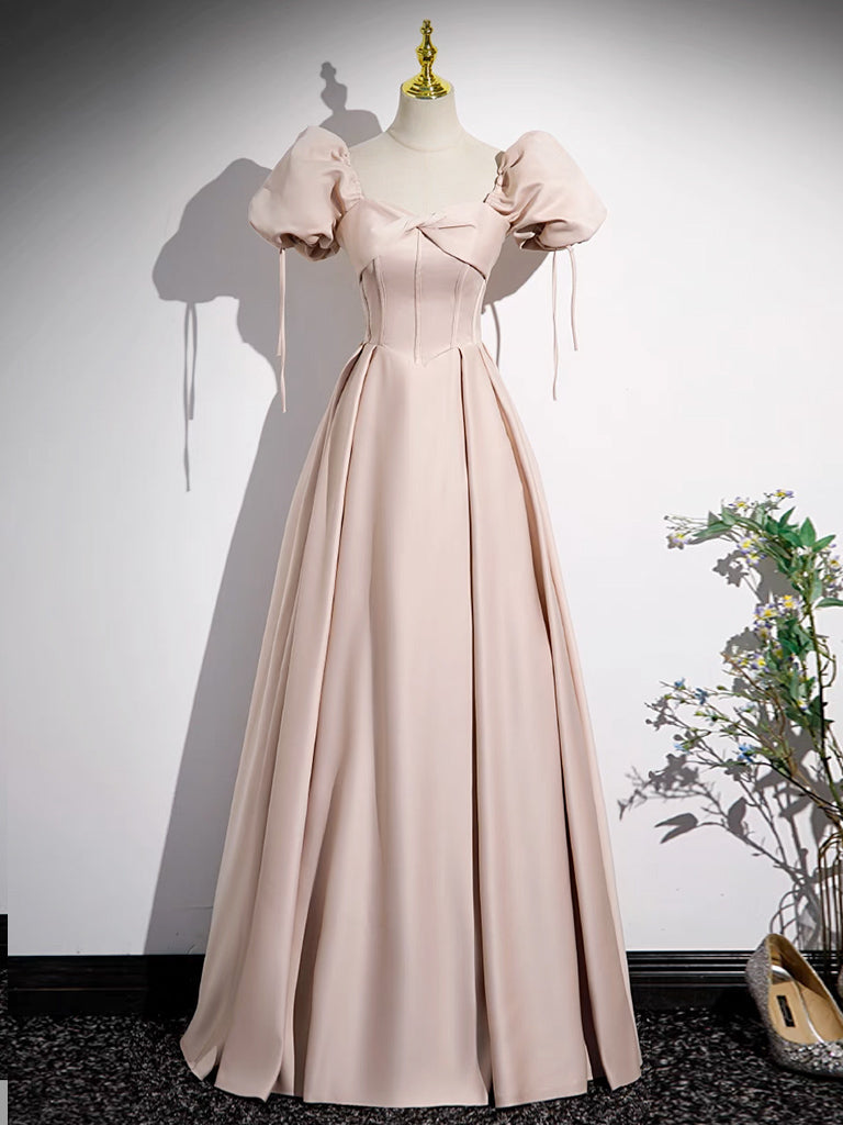 Luolandi Simple Champagne Pink Satin Long Prom Dress Long Formal Dress Short Sleeves Evening Dress