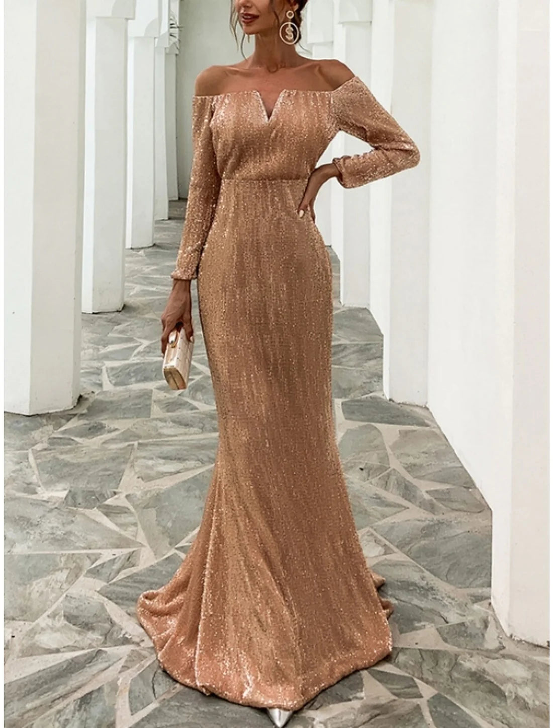 Luolandi Mermaid / Trumpet Evening Gown Sparkle & Shine Black Dress Formal Fall Sweep / Brush Train Long Sleeve Off Shoulder Sequined with Glitter Pleats Elegant