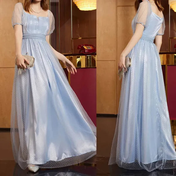 Luolandi Women's blue sheer card polka dot printed ball elegant formal party prom dress Beautiful