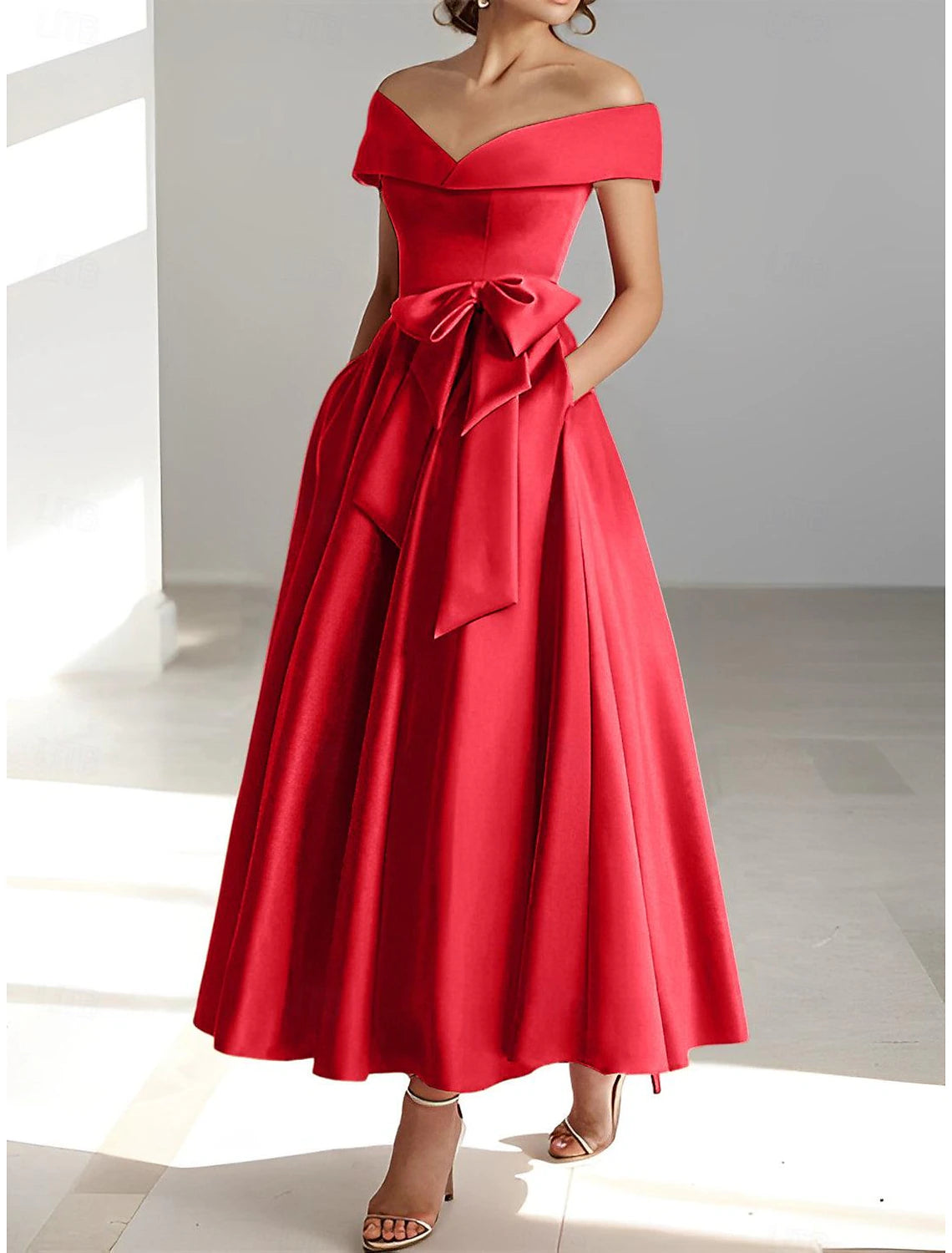 Luolandi A-Line Wedding Guest Dress Elegant Dress Semi-formal Dress Tea Length Short Sleeve Off Shoulder Pocket Satin with Bow(s) Evening Dress