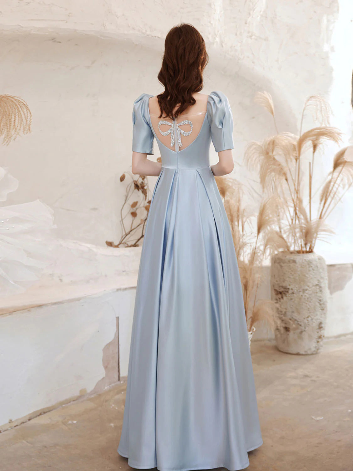 Luolandi A-Line Square Neckline Satin Blue Long Prom Dress Formal Evening Dress december wedding guest dress
